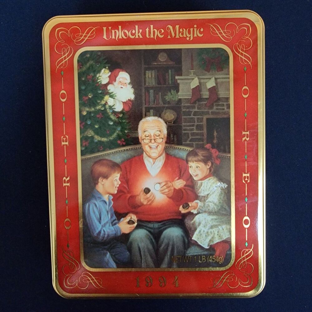 Vintage 1994 Oreo Unlock the Magic Holiday Tin Grandfather Remembers Empty - Picture 1 of 5